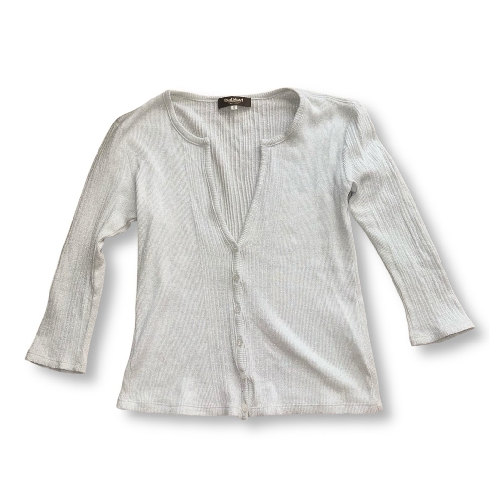 Paul Stuart Women’s 3/4 Sleeve Button Up Cardigan White Silver Made in Japan